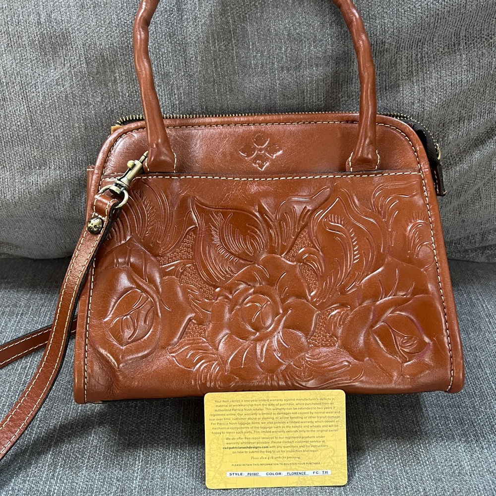 Patricia Nash Floral Embossed Tan Leather Satchel